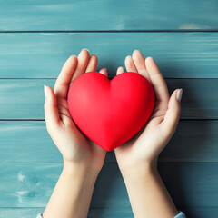 Wall Mural - The hands of a woman is holding a red heart