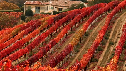 Poster -   A vineyard featuring a red-leafed tree in the foreground and a house in the backdrop