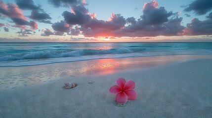 Wall Mural -   A pink flower atop a sandy beach, beside the ocean, bathed in sunset light