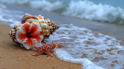 Wall Mural -   A starfish on the beach near a seashell, adorned with a vibrant red and white blossom atop it