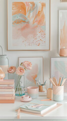 Wall Mural - Desk with pastel pink stationery, prints and office supplies.