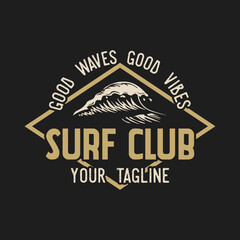 Wall Mural - Vintage Surf club vector logo template. Retro surfing emblem isolated. Vector illustration of logo on surfing theme. Vintage surf club logo. Surfing logo vector for t-shirt design