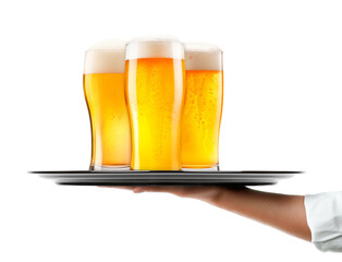 Waiter hand holding metal tray with set of Beer glasses and bottles on a white background.