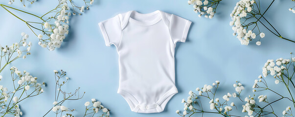 Sticker - White cotton baby Blank bodysuit mockup on pastel blue background with white flowers. 