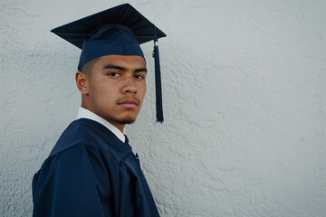 Wall Mural - Portrait of an serious male graduate in his cap and gown 