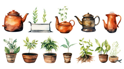 Wall Mural - Collection of pot themed watercolor illustrations