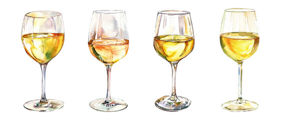 Set of watercolor glass glasses with white dry wine. White wine in a glass. Vector artistic watercolor illustration