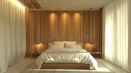 Wall Mural - Modern and cozy bedroom design with wooden slat wall, soft lighting, and minimalistic decor creating a warm and inviting atmosphere. Generative Ai