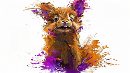 Wall Mural -   Purple and orange paint splatters on a cat's face and eyes against a white background