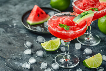 Sticker - refreshing watermelon margaritas with lime on dark background