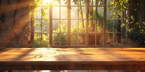 Canvas Print - Rustic Wooden Table in Sunlit Room Showcasing Empty Space for Product Display