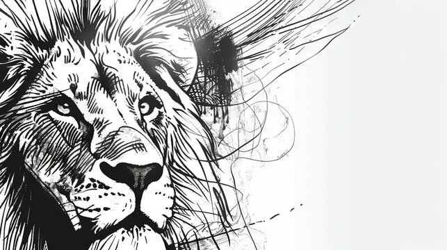 black & white illustration of a lion's head on a white backdrop with a b&w line art depiction of a l