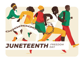 juneteenth card design. a group of diverse african americans are working. broken chains. vector flat