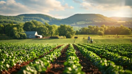 Canvas Print - Sustainable Organic Farm with Farmers Harvesting Crops in Scenic Countryside Landscape