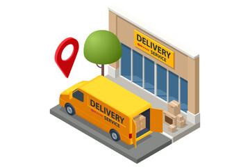 Wall Mural - Isometric Logistics and Delivery Infographics. Delivery home and office. City logistics. Online Express, Free, Fast Delivery, Shipping Website Banner Delivery service app with map background