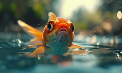 Wall Mural - A goldfish bobs in a garden pond. AI.