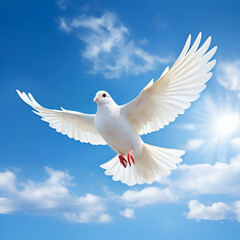 white dove flying with blue sky,White dove flying in the sun rays among the clouds,