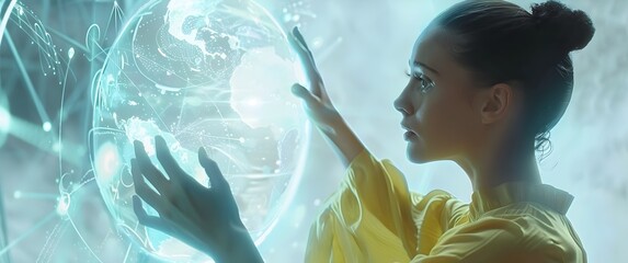 Wall Mural - woman interacting with glowing holographic interface in futuristic digital experiment