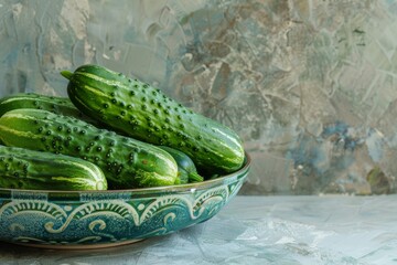 Wall Mural - A bowl of cucumbers is resting on a table as a refreshing and healthy option