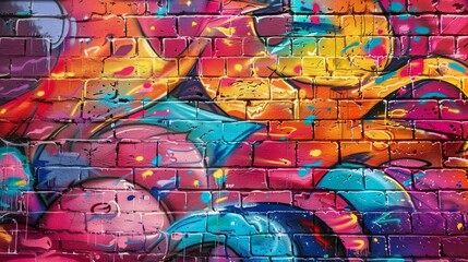 Sticker - A brick wall serves as the canvas for a stunning spray paint artwork, highlighting the street art concept. The explosion of color and texture captures