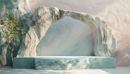 A pastel-colored rock arch podium, crafted for green beauty cosmetic presentations in a serene and natural setting