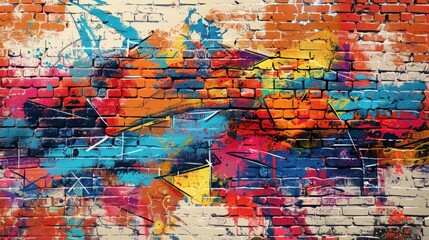 Poster - A brick wall serves as the canvas for a stunning spray paint artwork, highlighting the street art concept. The explosion of color and texture captures 
