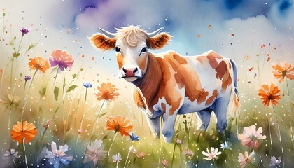 Wall Mural - Cute cow grazing in the floral field. Watercolor illustration 