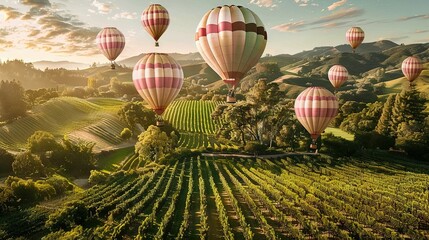 Wall Mural -   Several hot air balloons soar above a verdant field surrounded by towering trees and a majestic mountain backdrop