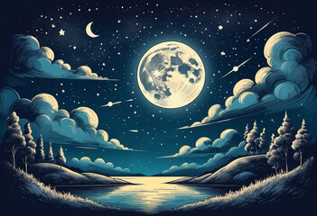 night starry sky with full moon and cloud, sketch vintage illustration