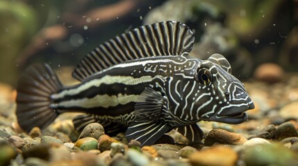 Wall Mural - Zebra Pleco's distinctive black and white stripes showcased in aquarium