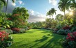 © imagineRbc - A vibrant tropical garden featuring a lush green lawn, an array of trees, and colorful flowers in bloom