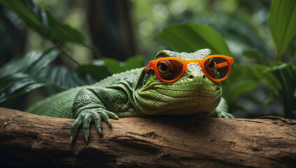 Green wild reptile in orange glasses. exotic creature portrait in wildlife. reptilian in tropical forest crawiling.