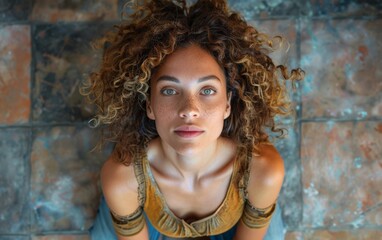 Wall Mural - An adult woman with curly hair is wearing a blue dress