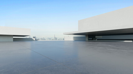 Poster -  3d render of abstract modern architecture with empty concrete floor and city skyline background, car presentation background.
