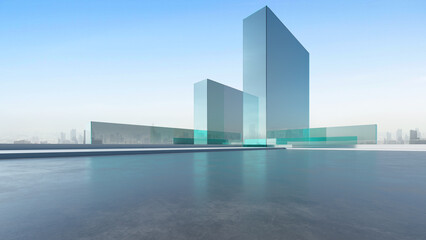 Poster -  3d render of abstract modern architecture with empty concrete floor and city skyline background, car presentation background.