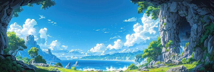 Anime background of green mountains, forests and snowcapped peaks in the distance, sunny weather, blue sky with white clouds,