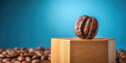 Sticker - Single Coffee Bean on Wooden Cube with Blue Background