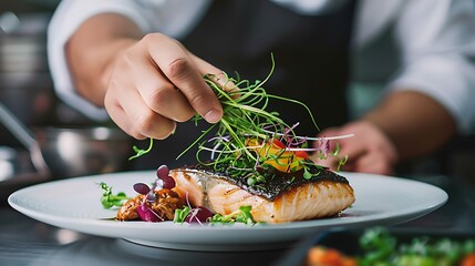 Wall Mural - The chef decorates the fish steak with microgreen grass.