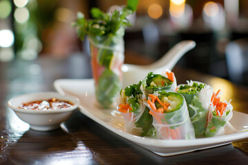 Wall Mural - Fresh Vietnamese Spring Rolls with Dipping Sauce on White Plate