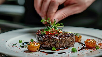 Wall Mural - chef hand cooking Roasted Duck breast fillets with vegetable salad and batat in plate on restaurant kitchen