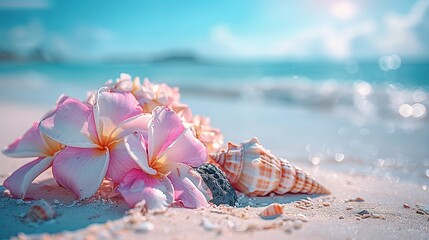 Wall Mural -   A pink flower sits atop a sandy shore beside a seashell, near a body of water