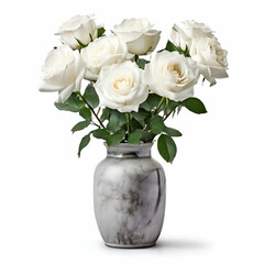 White Roses in grey rustic vase on white or transparent background front view