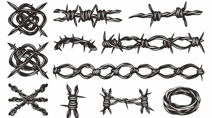 A modern illustration of steel black wire barb fence frames with twisted barbed wire silhouettes. Concept of security, danger or protection.