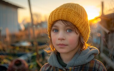 Wall Mural - A young girl wearing a yellow hat and scarf