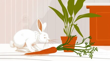 Poster -   White rabbit with carrot, potted plant, red door with striped background