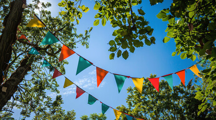 Sticker - colorful pennant string decoration with a green tree and blue sky