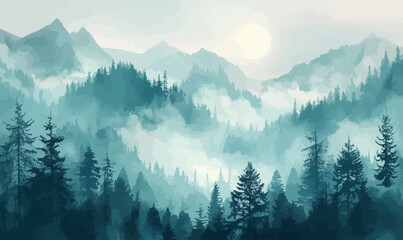 Sticker - Misty forest among the mountains. Vector illustration.