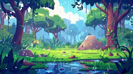 Wall Mural - The summer forest has been wet with rain. Landscape with green grass, water puddles, trees, lianas and stones in a summer forest. Modern illustration of a forest glade with water puddles, trees,