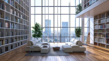 Sticker - A modern living room interior with sofas, bookshelves, and a city view, in minimalist style, on a wooden floor background, concept of home design. 3D rendering.