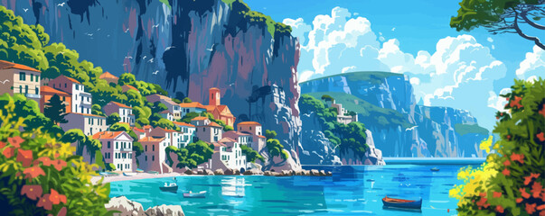 Wall Mural - A serene coastal inlet with towering cliffs and a peaceful fishing village nestled along the shoreline. Vector flat minimalistic isolated illustration